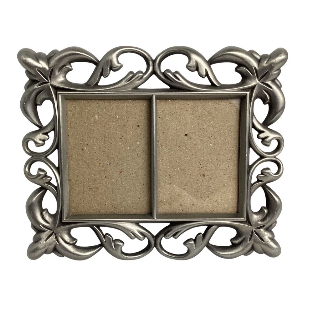 Metal Picture Frame Double Wallet Size Silvertone Ornate Scroll